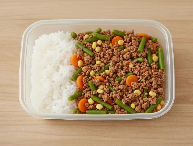 Carne Moída Refogada com Vagem, Cenoura e Milho